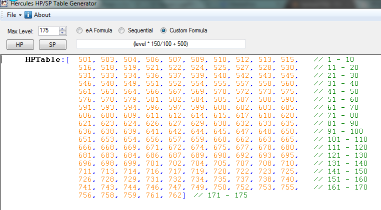 Hercules HP/SP Table Generator